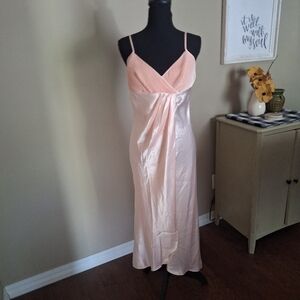 Vintage Natori Babydoll Peach Satin Formal Maxi Dress Or Slip Lingerie Small